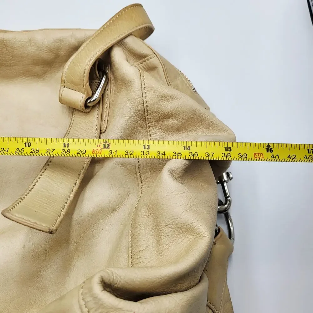 Club Monaco Beige 100% Leather Slouchy Satchel Handbag Gathered Side Detail